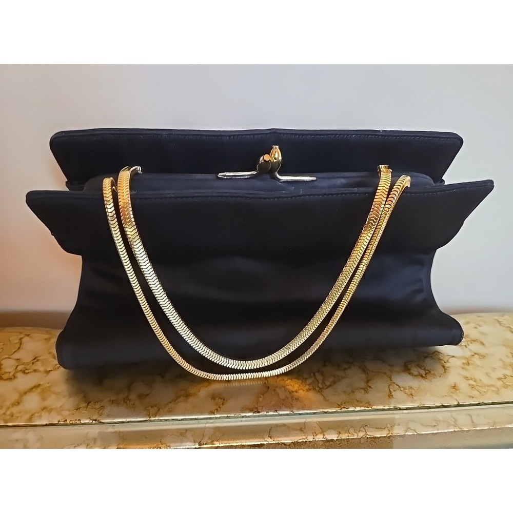 Koret Satin Evening Handbag Purse BLACK Gold Strap & Change Coin & Mirror Purse